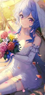 Anime bride with flowers in an outdoor setting.