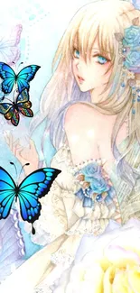 Anime girl with blue butterflies and floral accents.