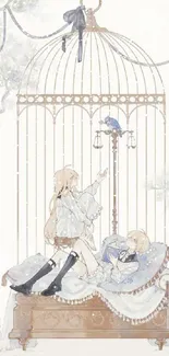 Anime-inspired wallpaper with a cage and serene characters.