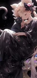 Anime girl holding a black cat, sitting gracefully in a starry night setting.