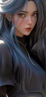 Elegant anime character with steel blue hair, set against a vibrant background.