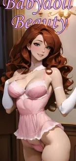 Anime character in pink babydoll outfit against an elegant interior background.