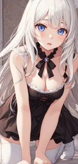 Anime character with silver hair and blue eyes in an elegant black dress.