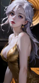 Elegant anime character in gold dress art.