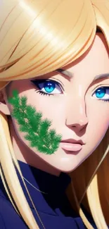 Anime character with blue eyes and blonde hair with green floral detail.