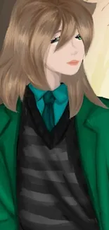 Anime character in green coat with forest background.