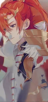 Anime character with red hair and gold armor in vibrant mobile wallpaper.