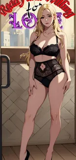 Anime character with blonde hair in black lingerie standing by a window.