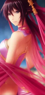 Anime character in pink attire with flowing hair and gold accessories.