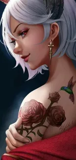 Elegant anime character with tattoo and striking features on a dark blue background.