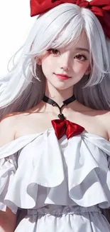 Anime girl with silver hair and red bow in elegant pose.