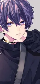 Anime character with purple hair and black clothing on a gray background.