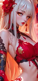 Elegant anime character with red accents and floral details.