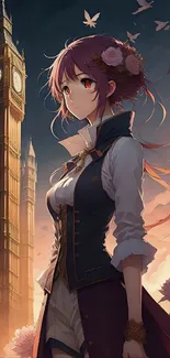 Stylish anime character with flowers by a tower at dusk.