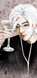 Elegant anime character holding a glass against a floral sepia background.