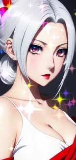 Anime character with white hair and vibrant eyes in an elegant style.