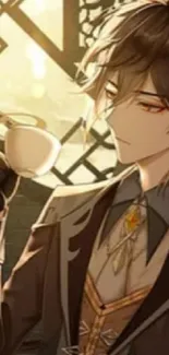 Elegant anime character holding a teacup in warm tones.