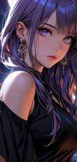 Purple-haired anime character in elegant attire.