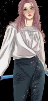 Anime character with pastel pink hair and white blouse on a black background.