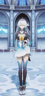 Anime character standing in a grand, blue palace hall.