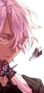 Anime character with pink hair and butterflies on a white background.