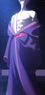 Mysterious anime character in a purple robe against a dark background.