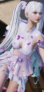 Fantasy anime character with white hair and playful butterflies.