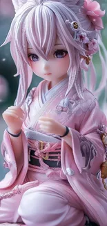 Anime character in a pink kimono with a serene background.