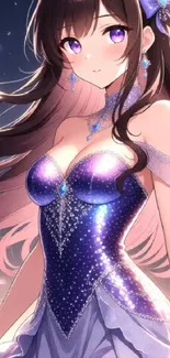 Anime character in elegant purple dress.