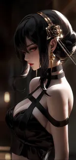 Elegant anime character in dark attire with intricate details.