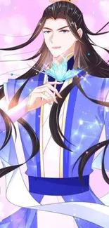 Anime character in elegant blue robe with flowing hair and sparkling effects.