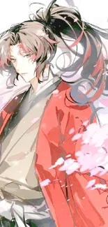 Anime character in red kimono with cherry blossoms.