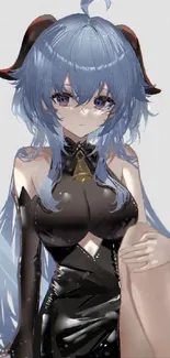 Anime character with blue hair and elegant outfit.