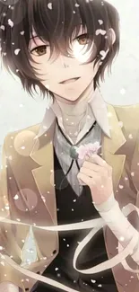 Anime character wallpaper with petals and light brown jacket.