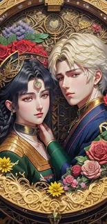 Elegant anime couple portrait with intricate floral frame.