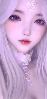 Ethereal anime character with lavender hair and a serene expression in a fantasy setting.