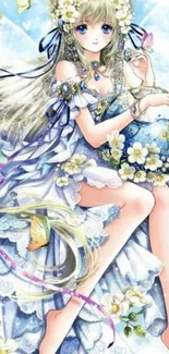 Anime fairy with floral dress and butterflies in light blue theme.