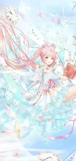 Anime fairy with pastel elements and floating objects on a light blue background.