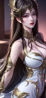 Elegant anime character in fantasy gold and white outfit.