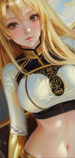 Anime character with blonde hair and ornate armor in a fantasy setting.