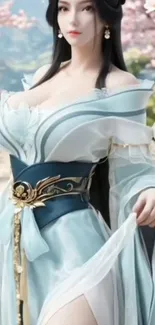 Anime character in elegant attire with blossom background.