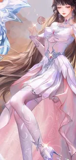 Anime character in elegant fantasy attire with flowing hair.