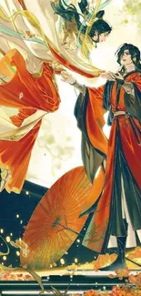 Elegant Asian art with vibrant attire and fantasy figures in orange hues.