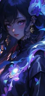 Elegant anime character with vibrant purple and blue colors.