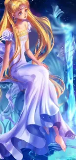 Elegant anime girl in white gown on a celestial blue background.