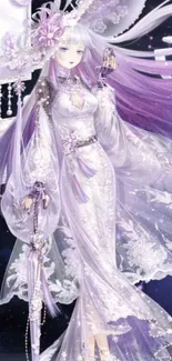 Elegant anime character in lavender dress with ethereal design.