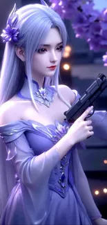 Anime character in lilac dress holding a weapon.