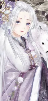 Anime character with silver fox in lavender hues.