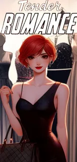 Anime woman in elegant black dress surrounded by fashionable gowns.