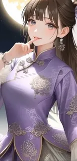 Anime character in a purple dress under a moonlit sky.